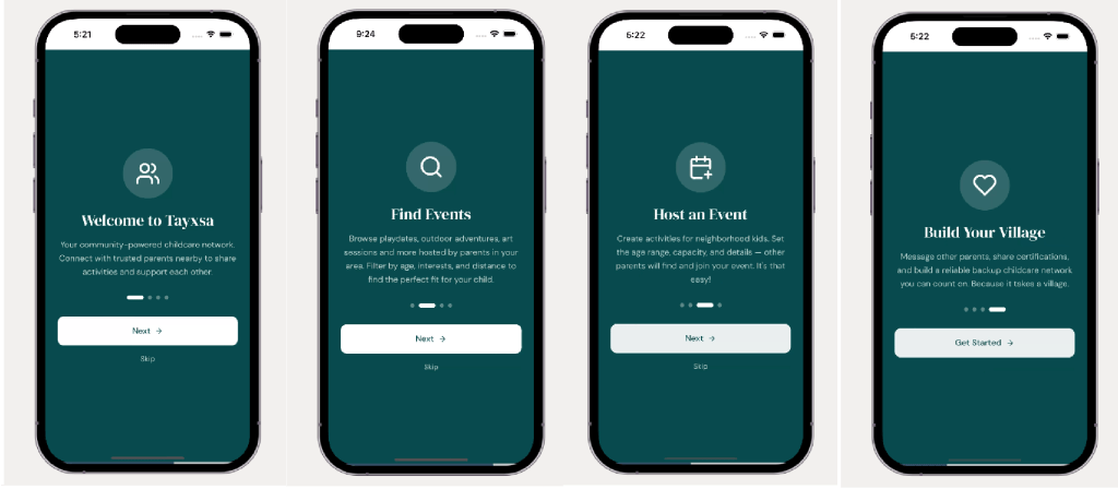 Preview of onboarding experience for users on first launch of app. Shows 4 screens summarizing the app’s purpose and goal.