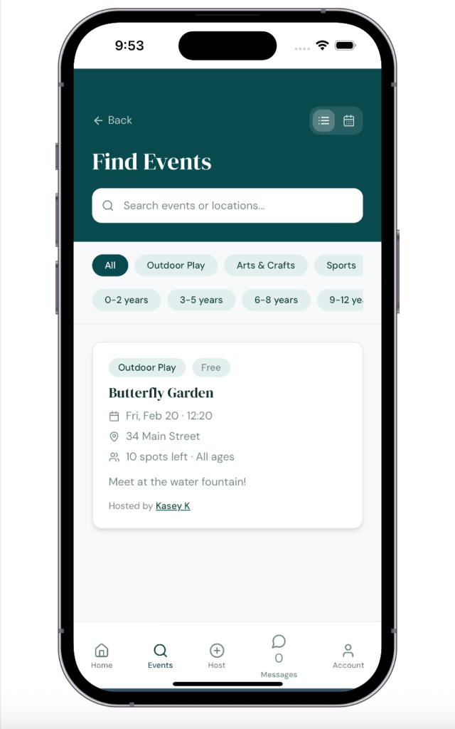 UI preview showing an event card for sample activity