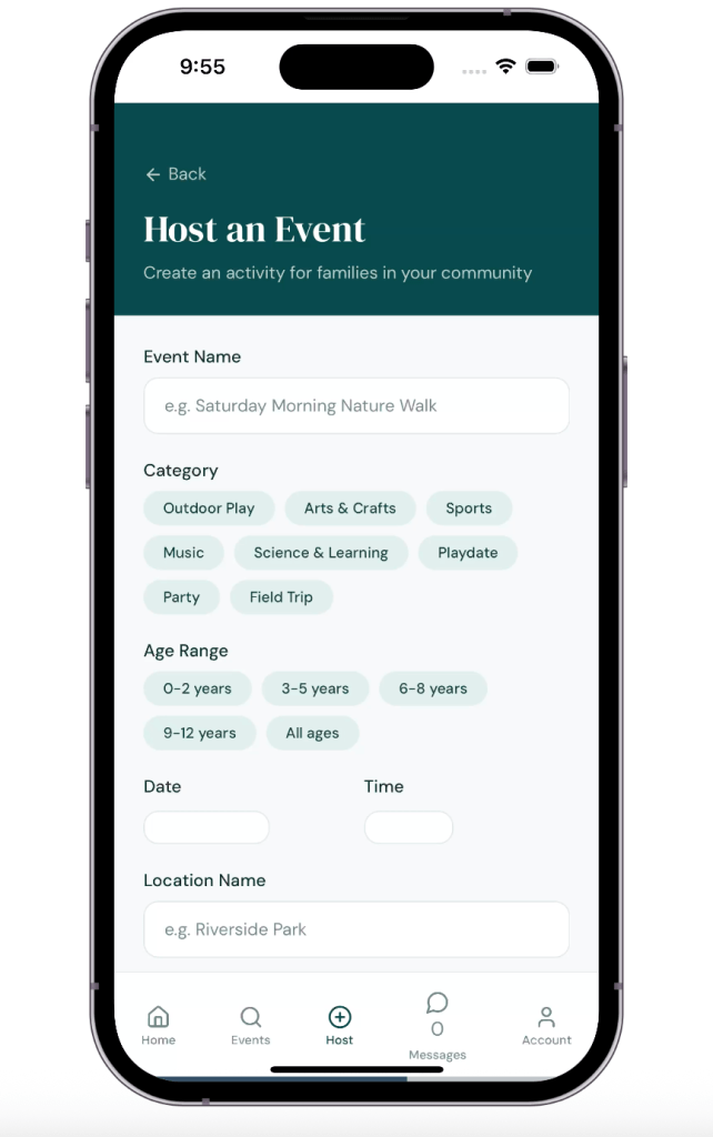 Host an event form showing details like children’s ages, event type and location of event